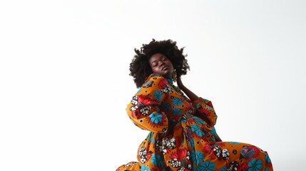 Plus size female model on a white background. Photo in fashion editorial style