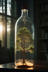 A tree inside a large transparent bottle, cinematic light
