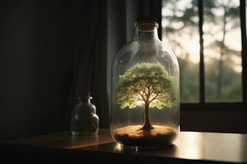 Obraz na płótnie Canvas A tree inside a large transparent bottle, cinematic light