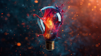 Creative light bulb explodes with colorful paint and colors. New idea, brainstorming concept.Think differently creative idea concept. Generative AI - obrazy, fototapety, plakaty