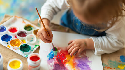 Little child paints with simple art supplies, with soft natural light, during creative time
