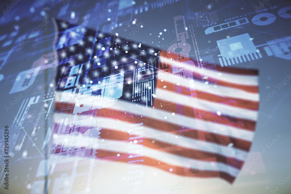 Poster abstract virtual coding concept on usa flag and sunset sky background. multiexposure
