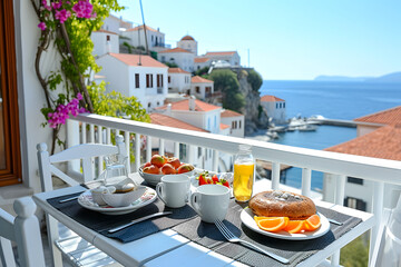 Beautiful breakfast table on the balcony overlooking the Greek town with the sea. Romantic breakfast on the balcony