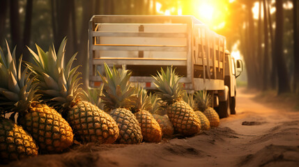 Cargo truck carrying pineapple fruit in a plantation with sunset. Concept of food production, transportation, cargo and shipping. - obrazy, fototapety, plakaty