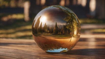 a close up of a glass ball on the ground with a reflection of  trees in the background.