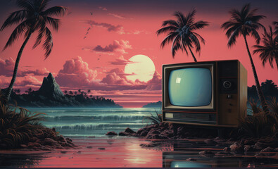 A retro television is set up on a tropical island beach against the backdrop of a sunset, generative AI