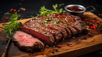 beautiful steak of cooked meat in a cut on a wooden surface close-up - obrazy, fototapety, plakaty