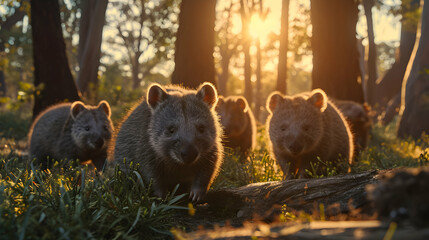 Wombat family in the forest with setting sun shining. Group of wild animals in nature.
