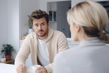 A couple sits at the kitchen table, engaged in a serious discussion. The atmosphere is tense as they confront relationship challenges, showing concern and deep emotional exchange