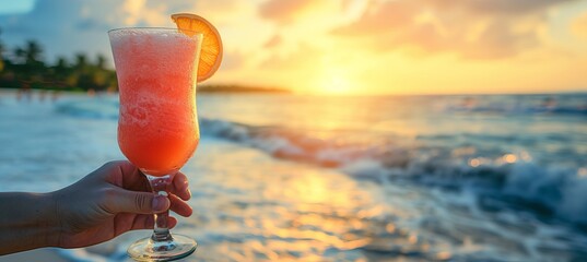 Savoring a lava flow cocktail on a paradise beach on a warm, sunny day with space for text.