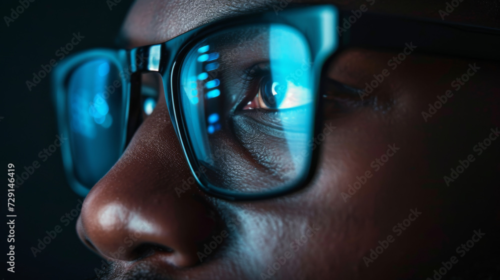 Poster a close-up view of an eye seen through a pair of glasses reflecting blue digital data and graphs, su