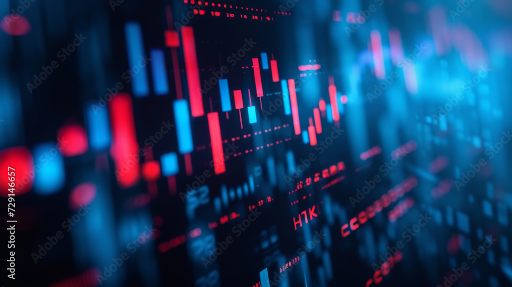 Poster a blurred close-up view of a financial stock market graph on a digital screen with various data poin