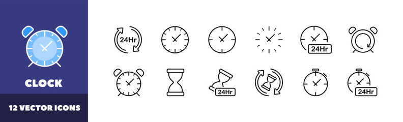 Clock icon set. Time collection. Linear style. Vector icons