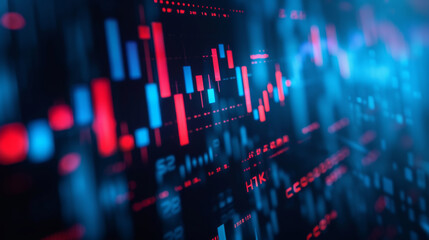 a blurred close-up view of a financial stock market graph on a digital screen with various data points and trend lines