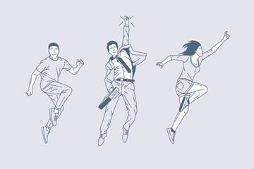 Set of outline illustrations of people jumping