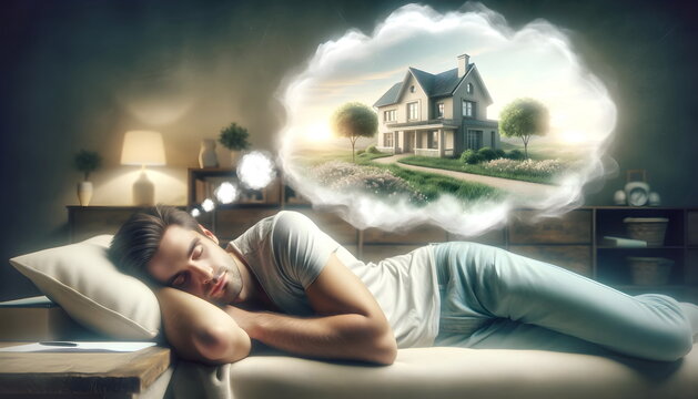 young man sleeping in a bed and dreaming of a home house