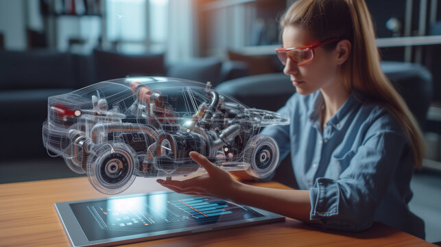 Female engineer designs a car engine using augmented reality