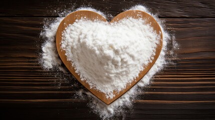 heart made of flour wooden table background. Generative AI