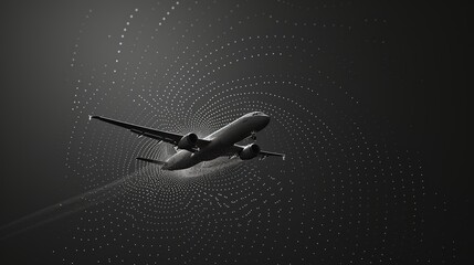 Commercial airplane soaring through the sky against a backdrop of a dynamic digital dot wave pattern, conveying technology and travel. - obrazy, fototapety, plakaty