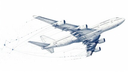 A highly detailed airplane depicted in a blueprint sketch style, showcasing the engineering and design of aviation technology.