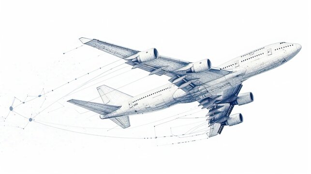 A Highly Detailed Airplane Depicted In A Blueprint Sketch Style, Showcasing The Engineering And Design Of Aviation Technology.