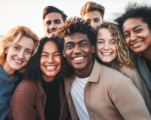 Diverse Group of Joyful Young Friends Huddled Together Outdoors