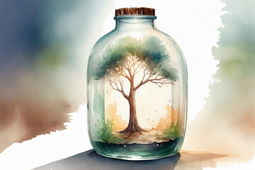 A tree inside a large transparent bottle, cinematic light, watercolor art illustration - Concept for preservation