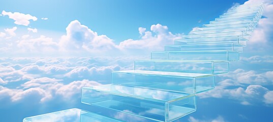 Journey to success  transparent glass stairs ascending towards the endless blue sky