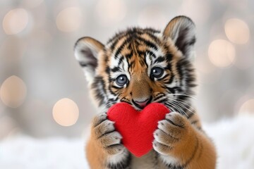 Tiger cub with heart gift, cute animals, valentine s day on blurred magical background, copy space