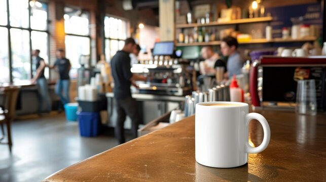 A white mug on a bar counter in a bustling city cafe, with baristas working in the background, mug mock-up 