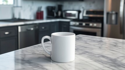 A white mug on a marble countertop in a sleek, modern kitchen with stainless steel appliances, mug mock-up 
