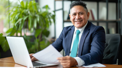 Fototapeta premium A smiling businessman in a suit is sitting at an office desk, holding a document with a laptop open in front of him.