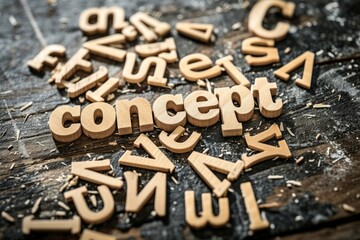 Creative concept: wooden letters scattered across the surface of a rustic table, highlighting the word "concept" among the chaos