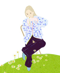Ilustracja młoda kobieta siedząca na krześle na łące pełnej stokrotek białe tło. - obrazy, fototapety, plakaty