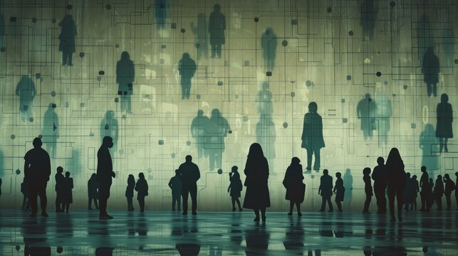 a group of silhouettes of people watching an illuminated abstract art installation on the wall. Viewers stand at varying distances from the wall and appear engrossed in the work of art