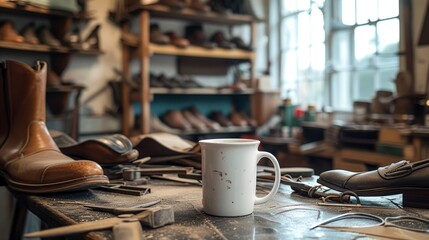 Obraz na płótnie Canvas A white mug on a table in a cobbler’s shop, with shoes and shoe-making tools around, mug mock-up 