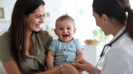 baby being held by a mother during a consultation with a healthcare professional