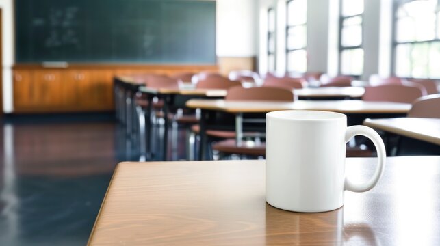 A white mug on a table in a classroom, with a chalkboard and desks in the background, mug mock-up 