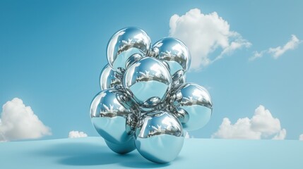 a cluster of shiny metallic foil balls against a bright blue sky with fluffy white clouds. The spheres reflect the sky and clouds, creating an abstract visual effect