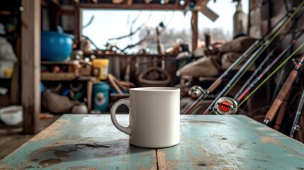 Mug on Rustic Table in Cluttered Shed