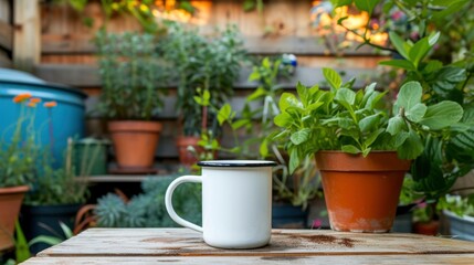 Fototapeta na wymiar A white mug on a table in a gardener’s shed, with plants and gardening, mug mock-up 