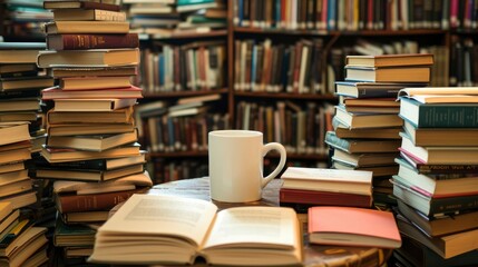 A white mug on a table in a library, surrounded by stacks of books, mug mock-up 