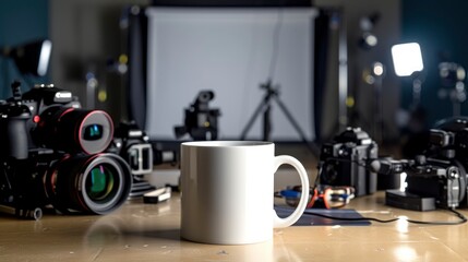 A white mug on a table in a photography studio, with cameras and lighting equipment around, mug mock-up 