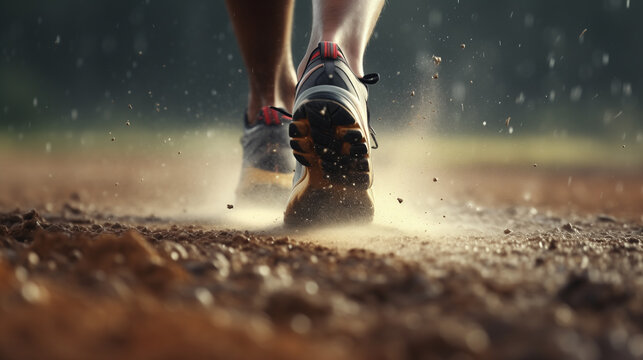 close up of foots of running athlete, running man foots, struggle in life or hard work for success concept photo