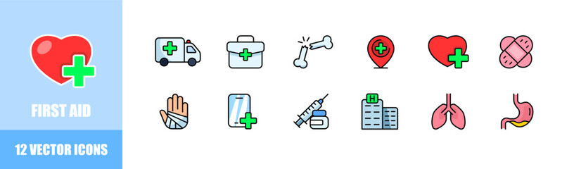 First aid icon set. Flat style. Vector icons