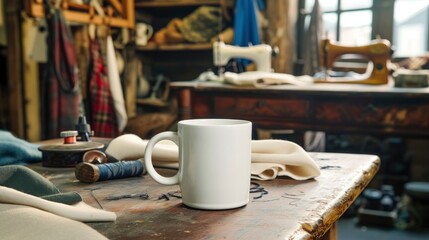 A white mug on a table in a tailor’s shop, with fabrics and sewing equipment around, mug mock-up  - obrazy, fototapety, plakaty
