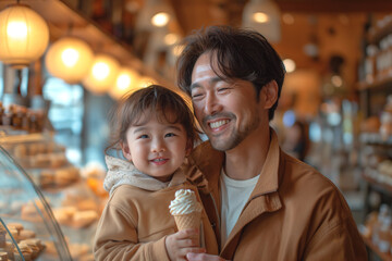 Father and son sharing ice cream together.