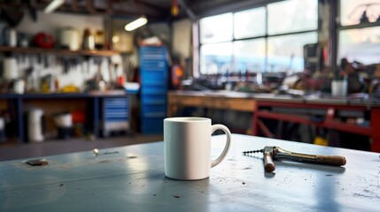 A white mug on a table in a vintage car repair shop, with tools and car parts around, mug mock-up 