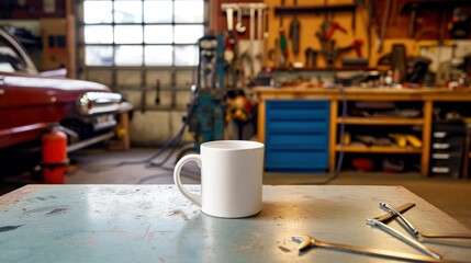 A white mug on a table in a vintage car repair shop, with tools and car parts around, mug mock-up 