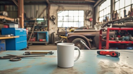 A white mug on a table in a vintage car repair shop, with tools and car parts around, mug mock-up 